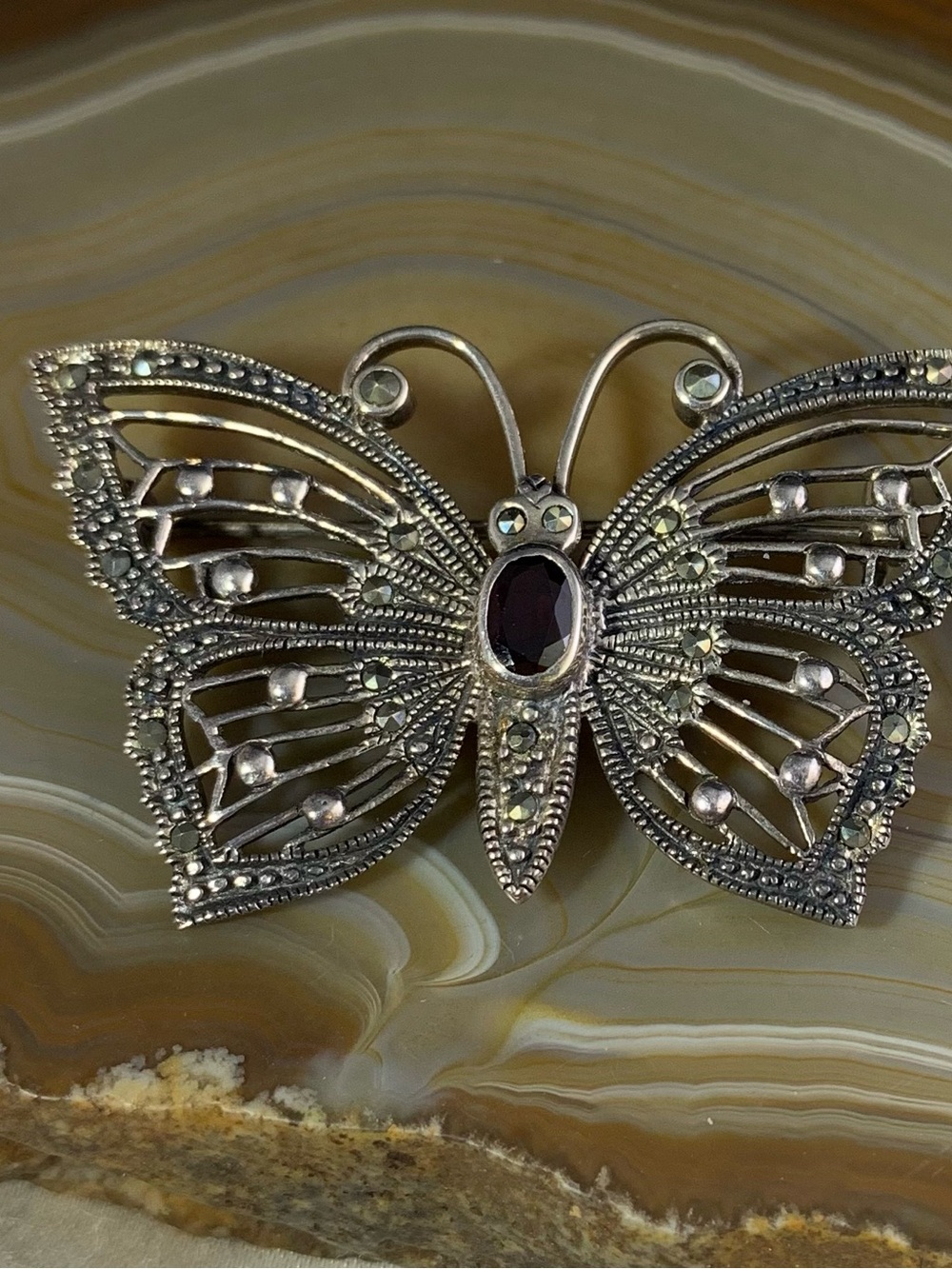 Vintage-InspiredSterling  Silver Butterfly Brooch with Red Garnet and marcasites